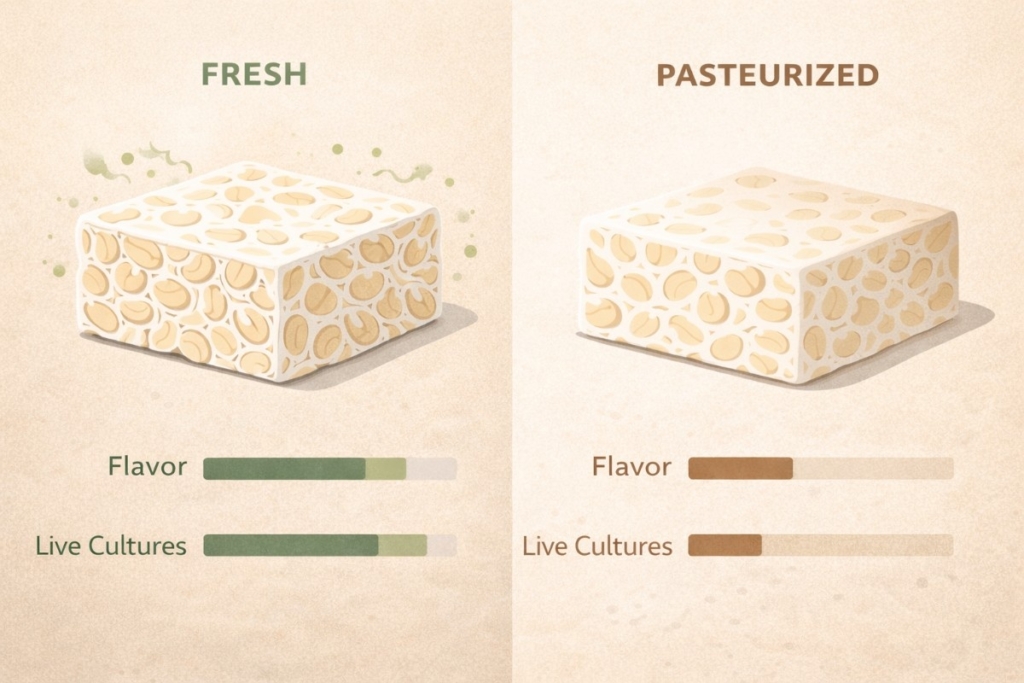 Fresh Tempeh compared with pasteurized tempeh, showing differences in texture, flavor strength, and live culture presence in a side-by-side visual.