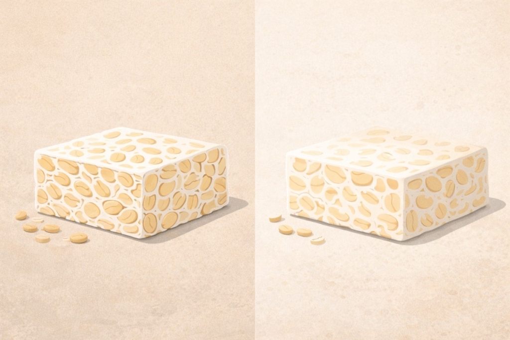 Fresh Tempeh comparison showing two tempeh blocks side by side, highlighting differences in soybean structure and texture on a neutral background.