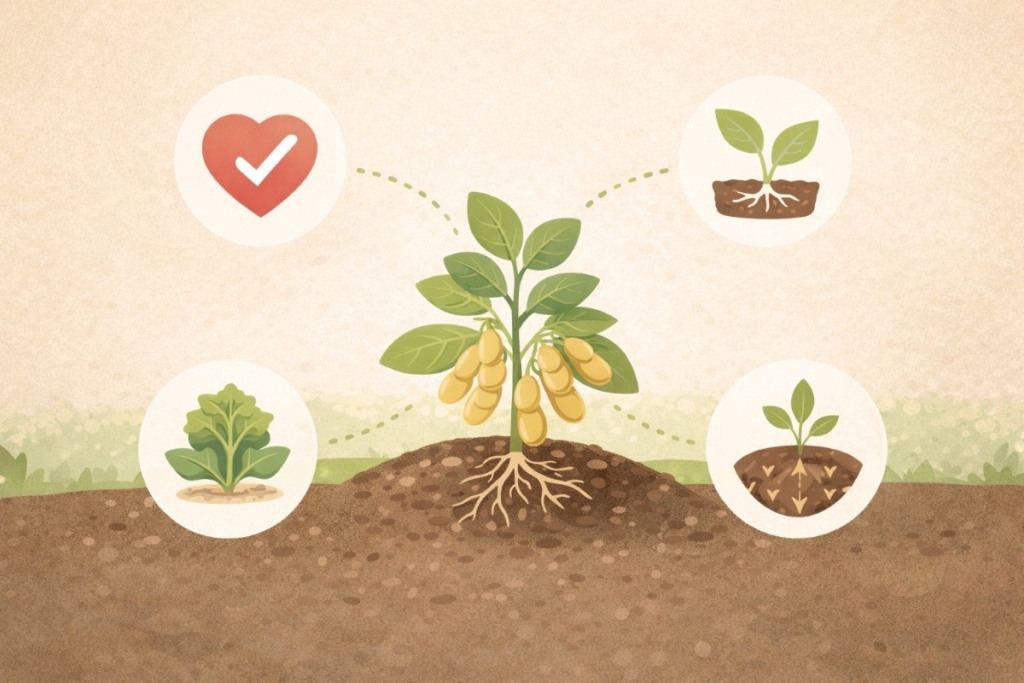 Fresh Tempeh benefits illustrated with soybeans growing in healthy soil, highlighting nutrition, sustainability, and clean farming practices.