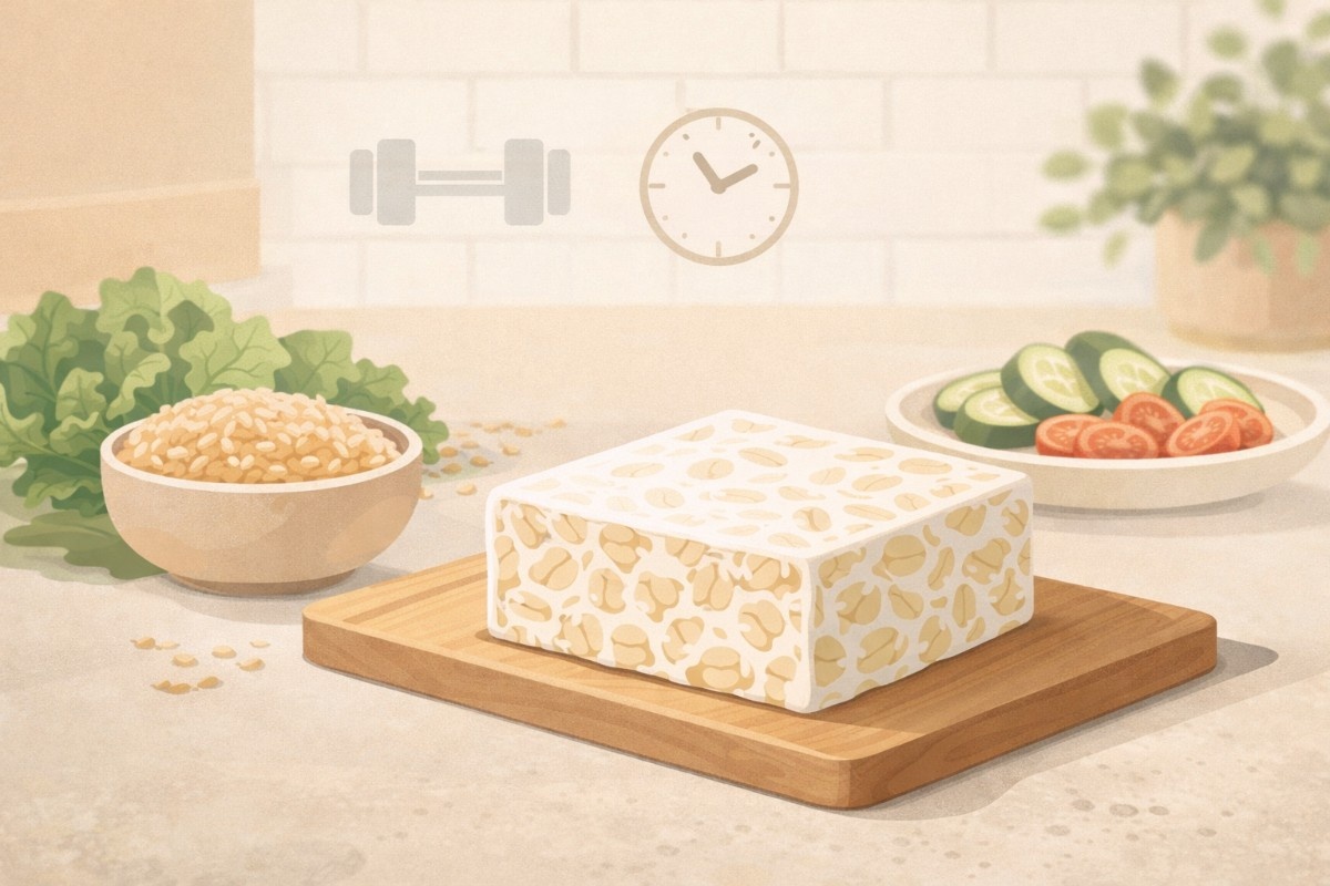 Fresh Tempeh block on a cutting board with grains and vegetables, illustrating simple plant-based meal prep in a clean kitchen scene.