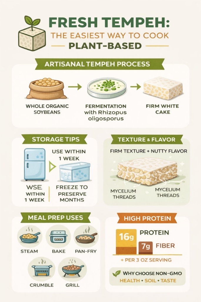 Fresh Tempeh infographic showing fermentation process, storage tips, texture, meal prep uses, and high protein benefits in a clean visual layout.