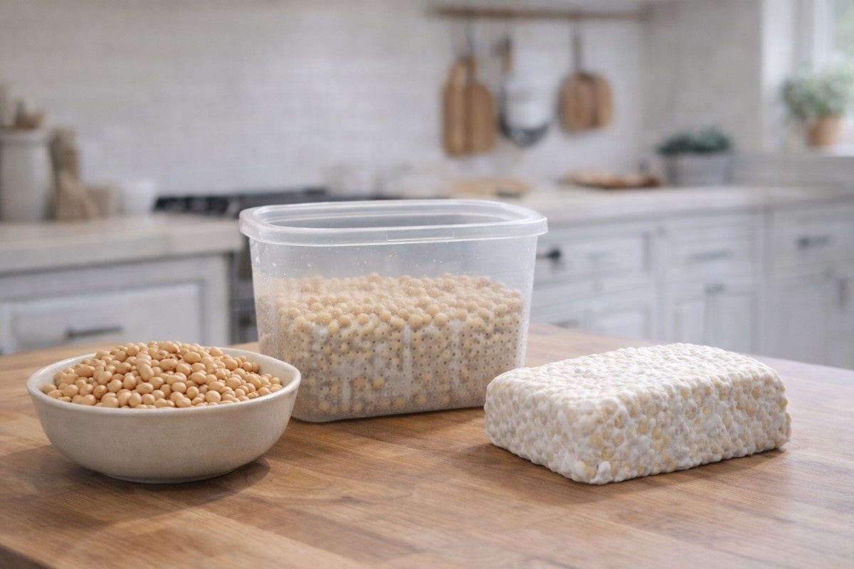 How is small-batch tempeh made shown through soybeans, fermentation container, and finished tempeh on a kitchen counter