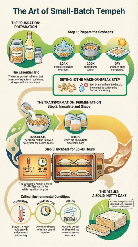 How is small-batch tempeh made illustrated through soaking, cooking, drying, inoculating, and fermenting soybeans step by step