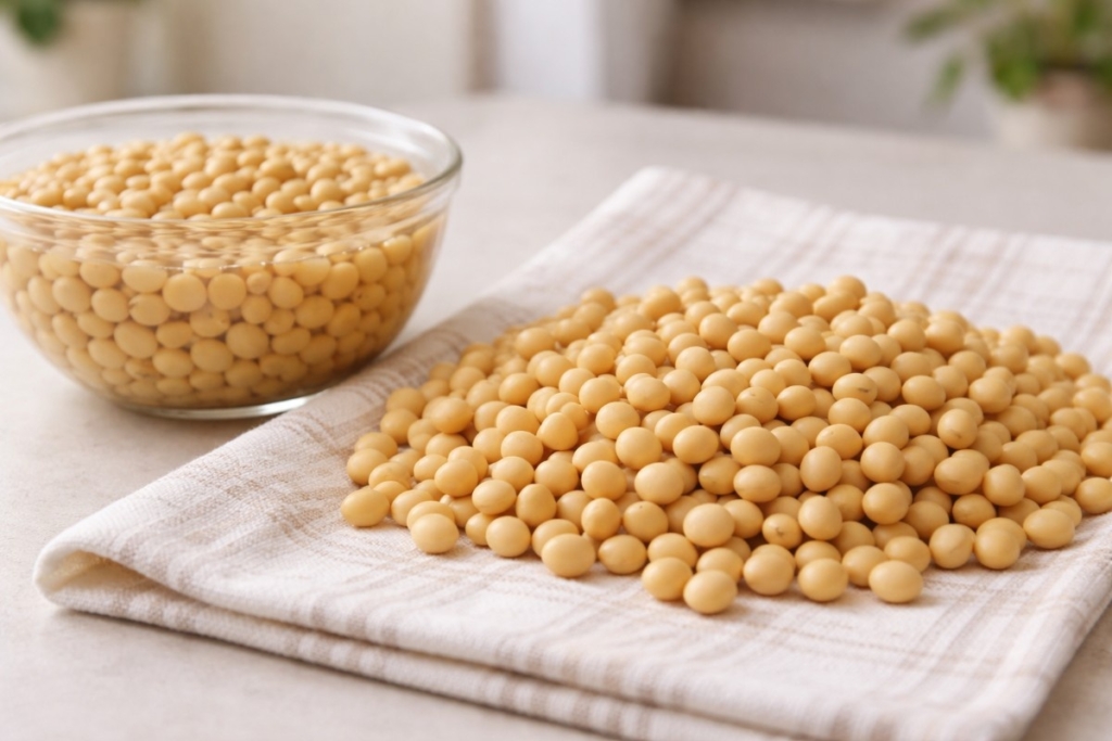 How is small-batch tempeh made starting with soaked and cooked soybeans drying on a towel before fermentation