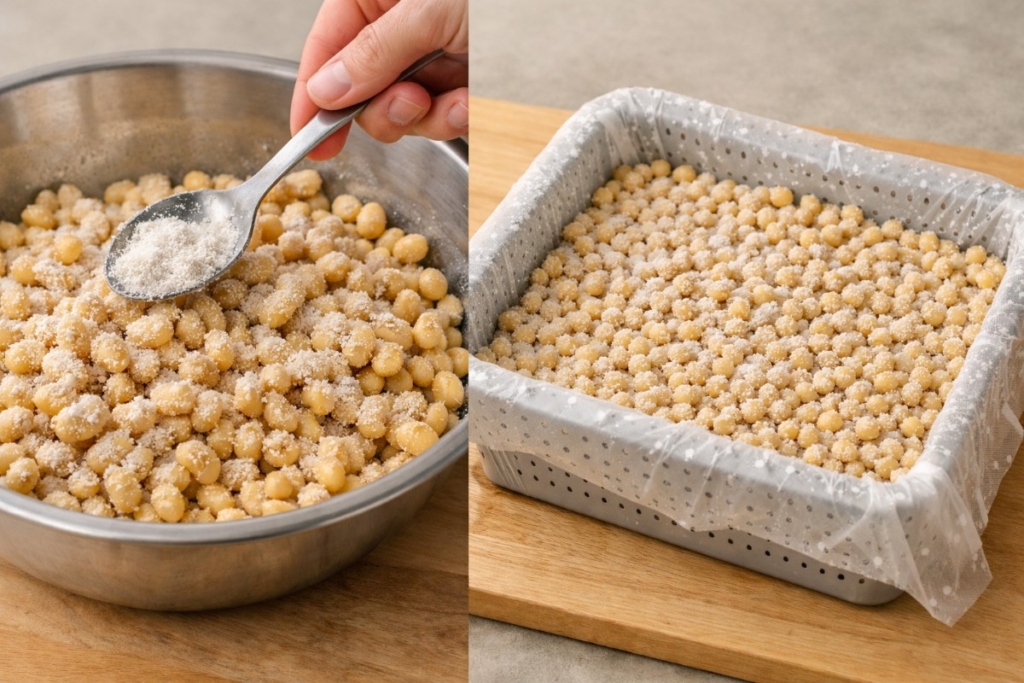 How is small-batch tempeh made by inoculating cooked soybeans with starter and shaping them in a perforated container