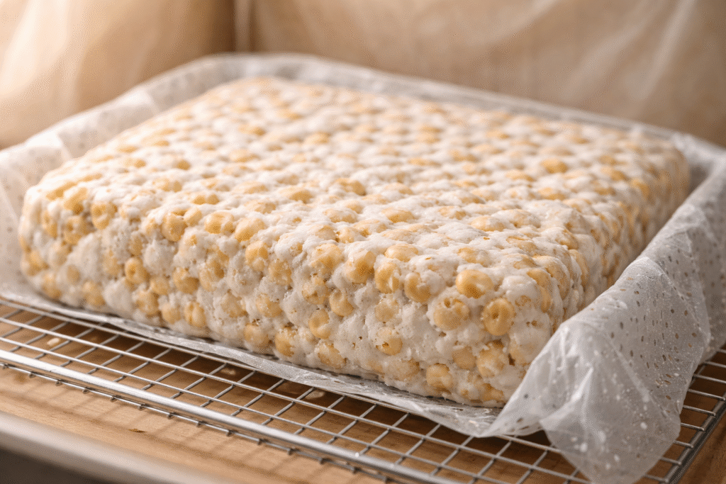 How is small-batch tempeh made shown by a fully incubated tempeh block with white mycelium bound tightly around soybeans