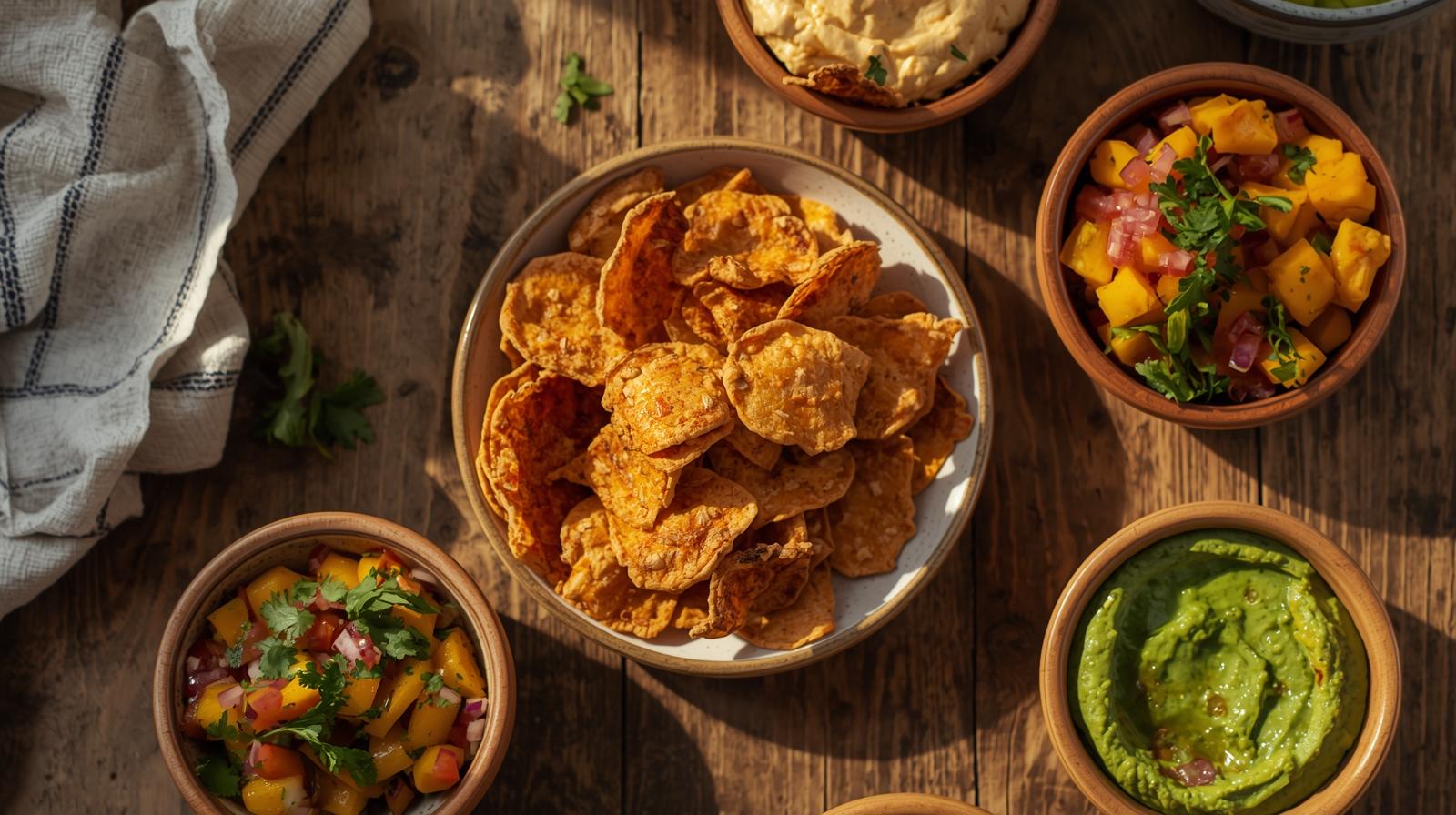 Crispy tortilla chips served with fresh mango salsa, guacamole, and sides, highlighting traditional Mexican cuisine.