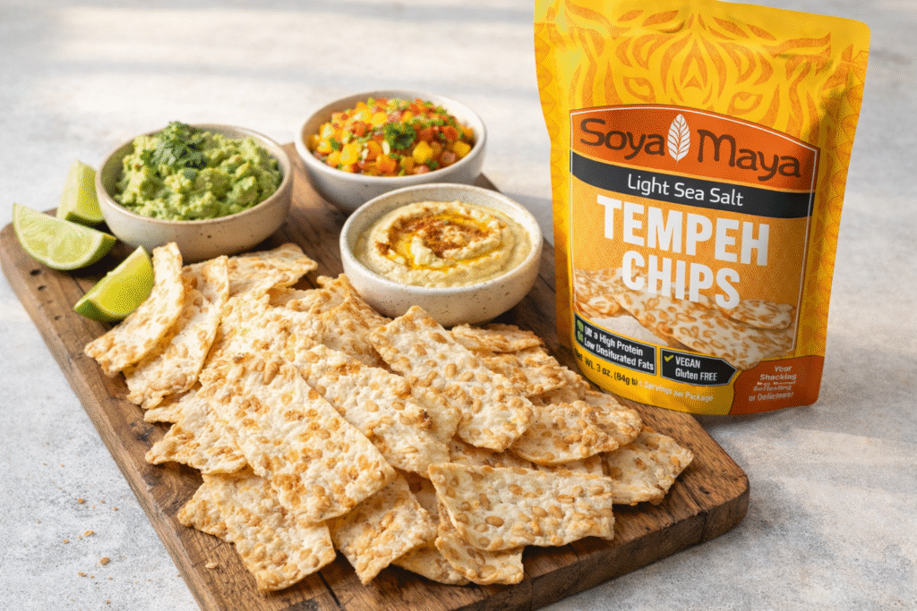 Crunchy tempeh chips with fresh lime and colorful salsas, featuring Soya Maya Sea Salt Tempeh Chips packaging.