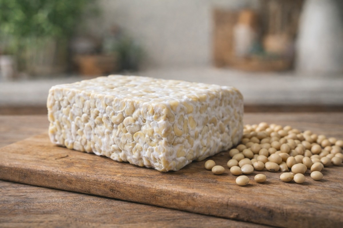 Fresh tempeh block with visible mycelium and soybeans, showing the benefits of unpasteurized tempeh for gut health and nutrition