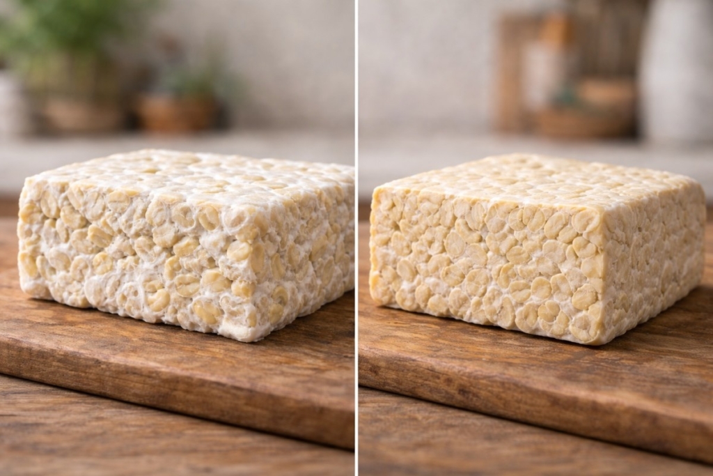 Side-by-side tempeh blocks comparing texture, showing the benefits of unpasteurized tempeh versus pasteurized tempeh for nutrition