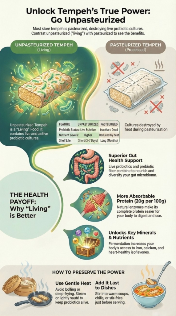 Infographic comparing live and pasteurized tempeh, showing the benefits of unpasteurized tempeh for gut health and nutrition