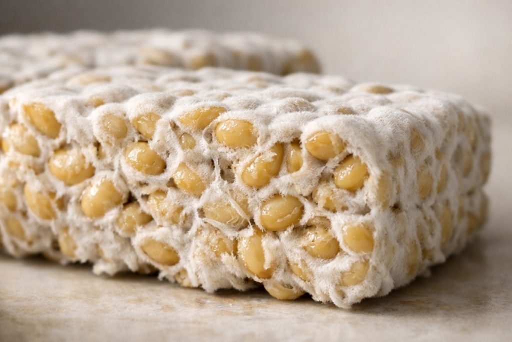 Close-up of live tempeh mycelium binding soybeans, illustrating the benefits of unpasteurized tempeh for digestion and gut health