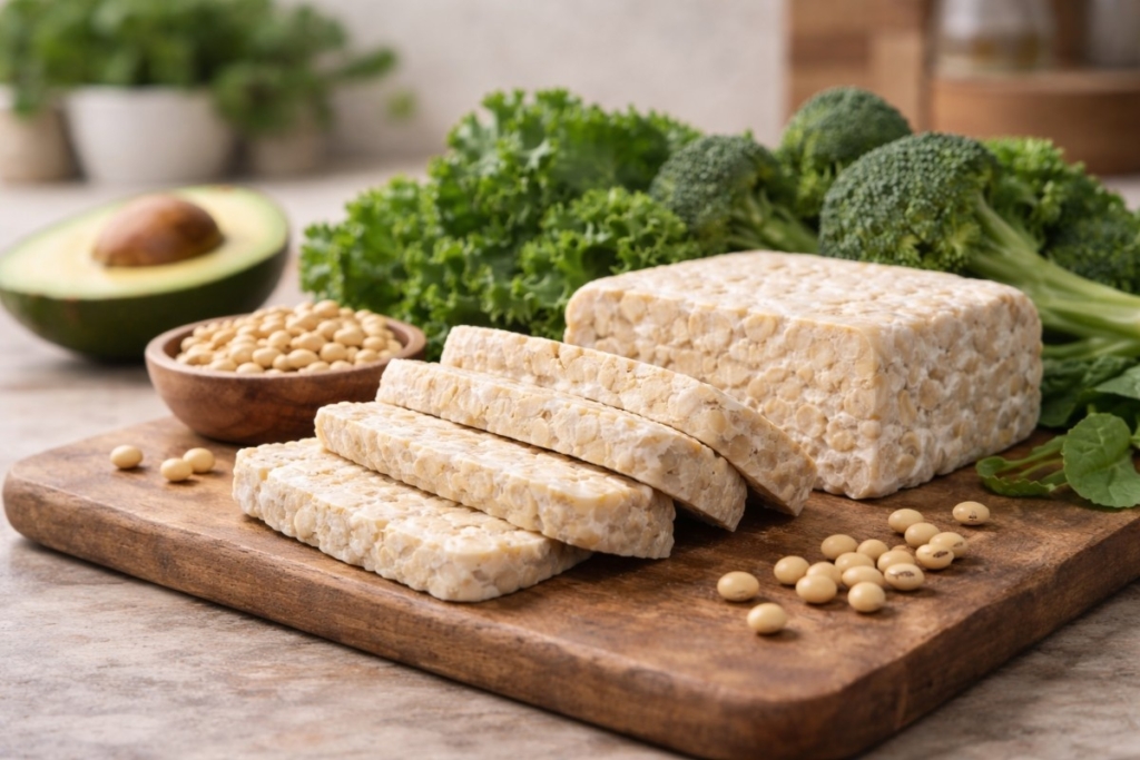 Sliced tempeh with soybeans and vegetables on a cutting board, showing the benefits of unpasteurized tempeh for nutrition and gut health