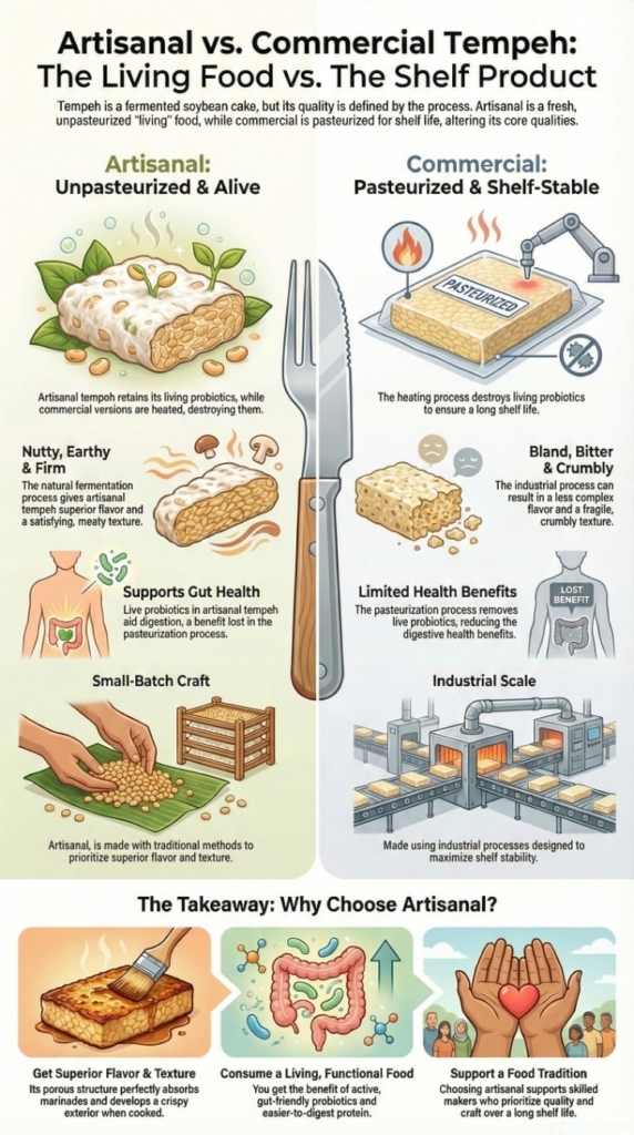 What is Artisanal Tempeh compared with commercial tempeh, showing differences in fermentation, texture, and processing.