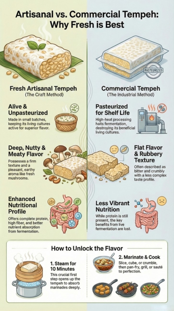 Comparison graphic explaining what is fresh artisanal tempeh versus commercial tempeh, highlighting fermentation, flavor, texture, and nutrition differences.