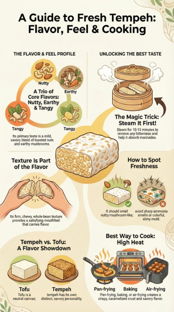 What does fresh tempeh taste like illustrated guide showing nutty, earthy flavors, chewy texture, cooking methods, and freshness signs