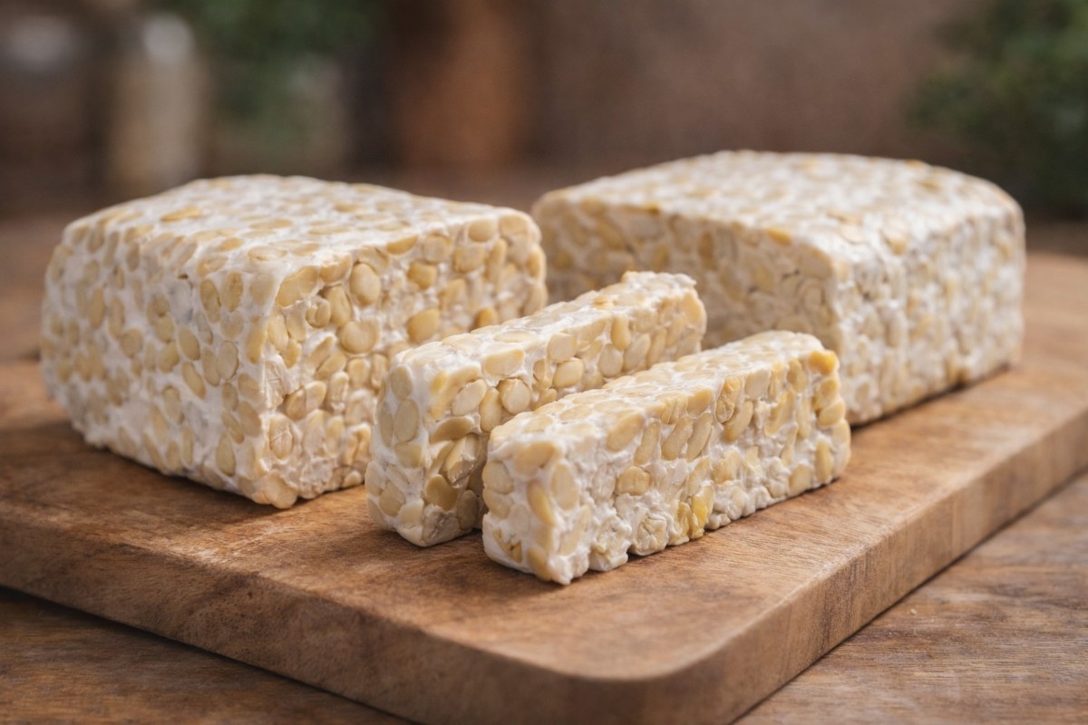 What does fresh tempeh taste like when sliced, showing whole soybeans bound by white mycelium on a wooden board