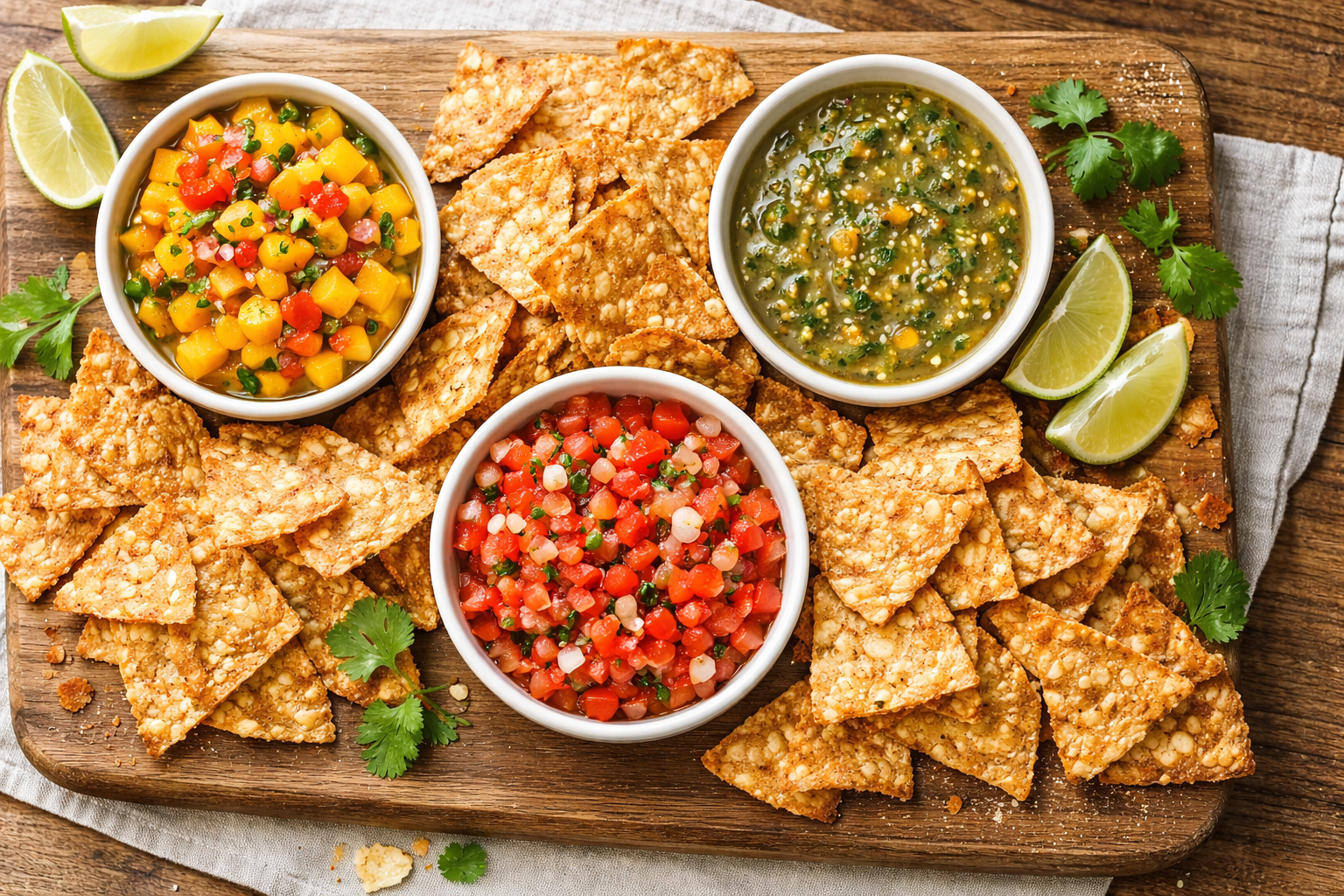 Crunchy soy Maya seed crackers served with fresh salsa and spicy dip, garnished with lime wedges and cilantro.