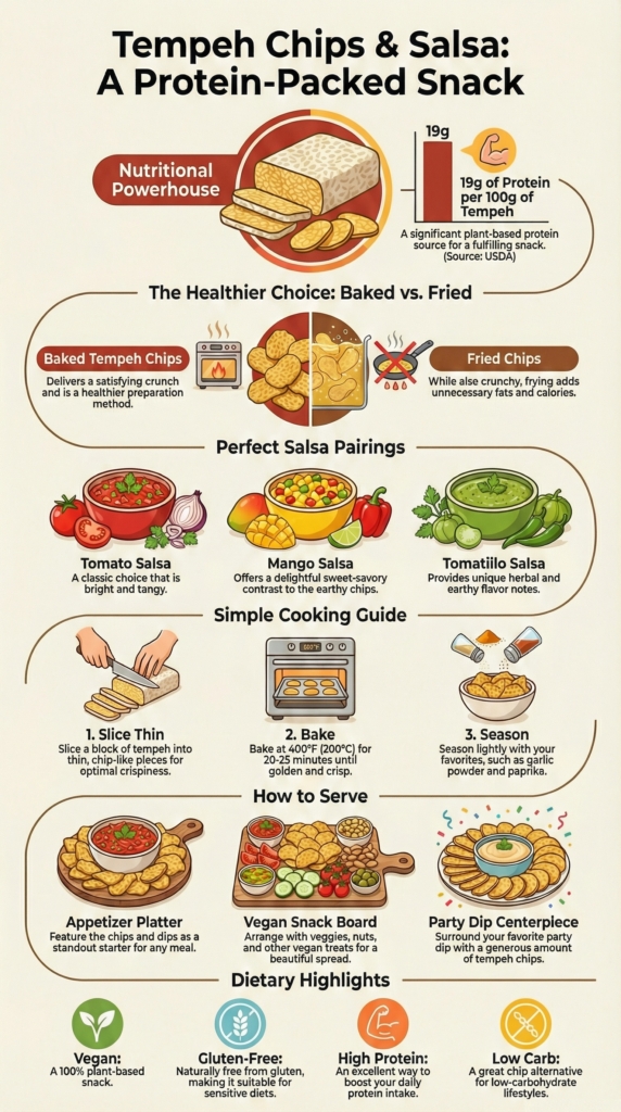 Infographic showing can you serve tempeh chips with salsa including protein benefits and perfect pairing options