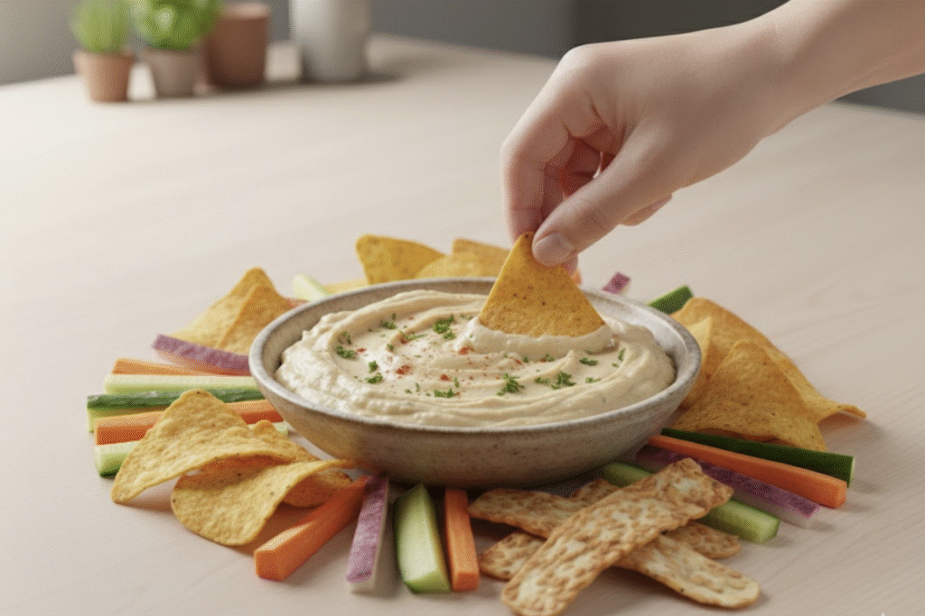 Creamy soy-based Maya Soya Dip with tortilla chips and vegetable sticks, perfect for snacking.