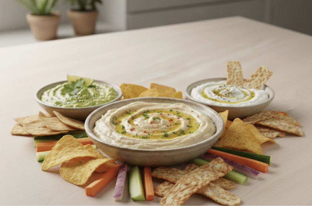 Creamy hummus with olive oil, tahini, and herbs on a plate.
