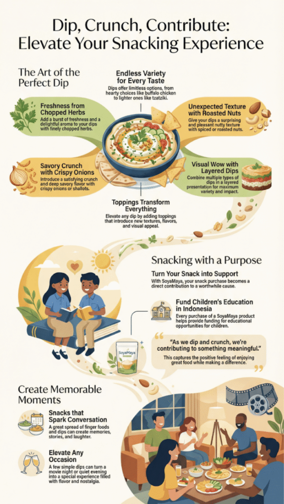 1. Healthy soy-based snack featuring layered dips, crunchies, and roasted nuts for optimal snacking.