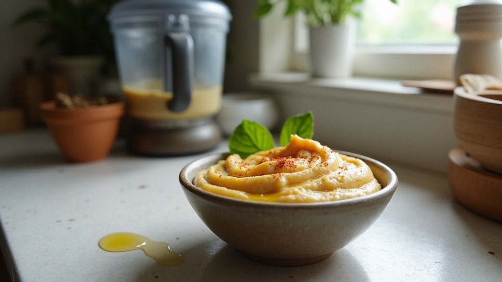 Creamy Soya Maya dish with herbs on a kitchen countertop, highlighting plant-based recipes.