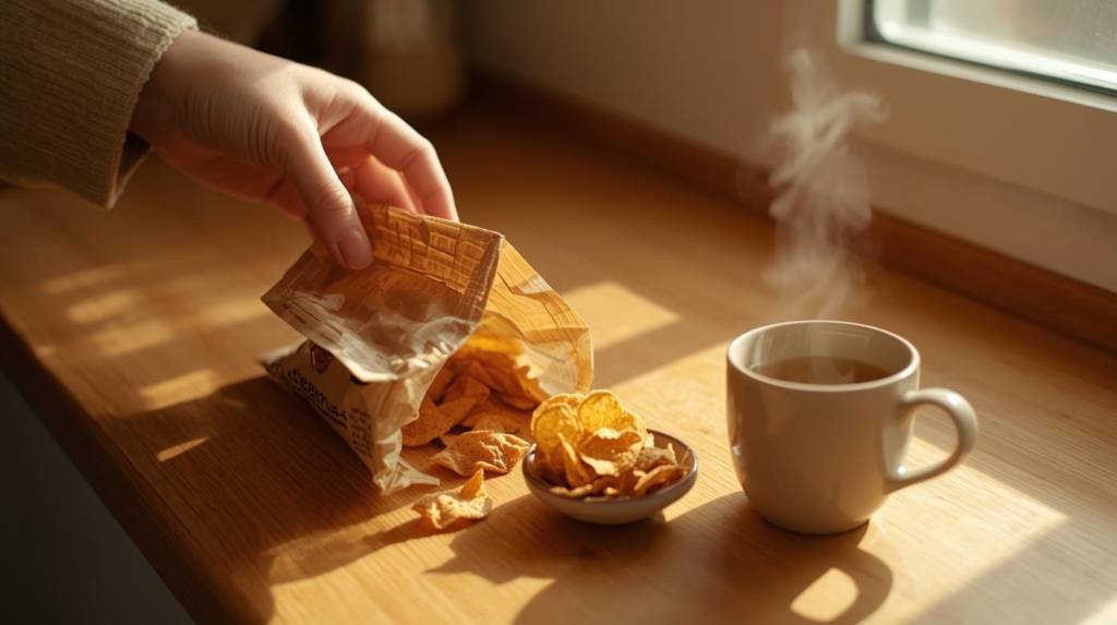 Hand pouring tempeh chips from bag onto wooden board with coffee cup demonstrating finding tempeh chips in indiana products