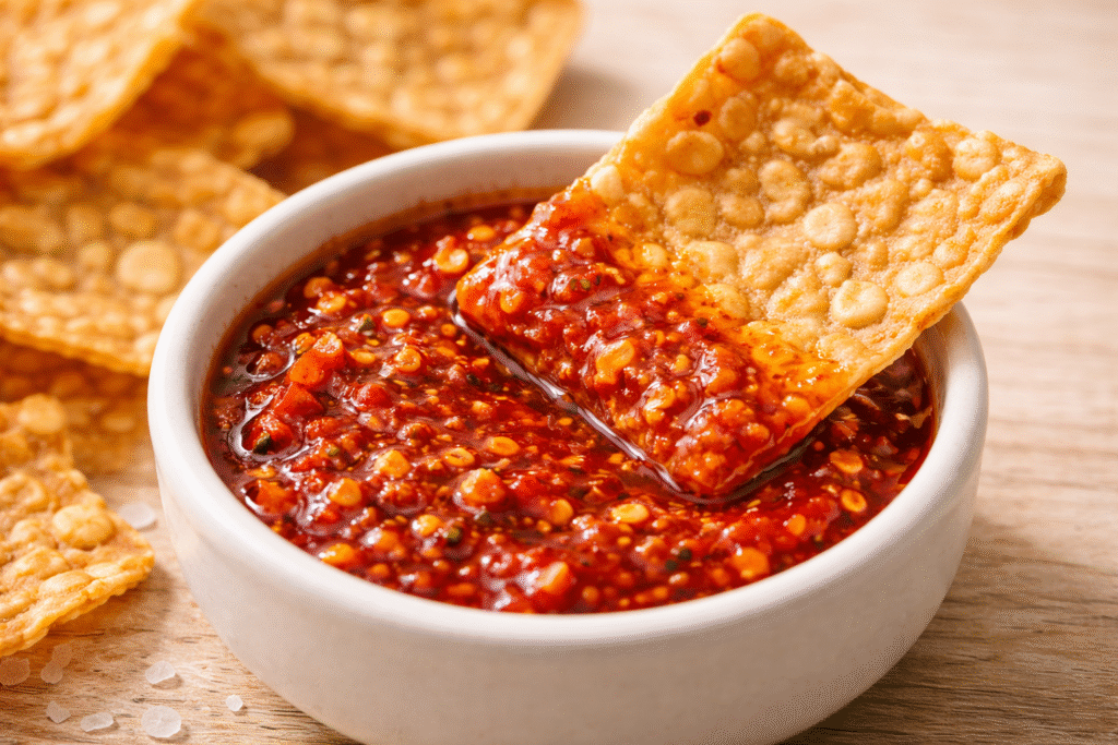 Tempeh chip dipped in red chili sauce demonstrating what are the best dips for tempeh chips with authentic spicy flavors