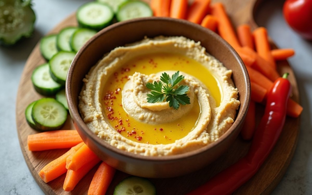 Bowl of creamy hummus with vegetables demonstrating how to make a healthy hummus dip with olive oil drizzle and garnish