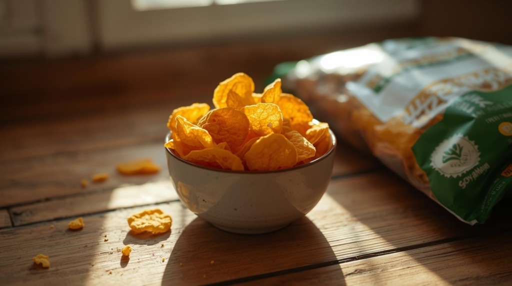 Bowl of golden tempeh chips with product bag showing successful finding tempeh chips in indiana at local health food stores