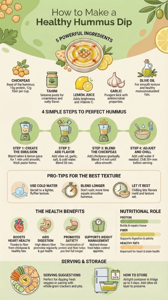 1. Healthy hummus dip recipe with chickpeas, tahini, lemon juice, garlic, and olive oil.