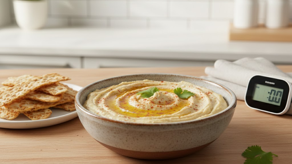 Creamy hummus dip with olive oil and spices, served with crispy crackers on a wooden table.