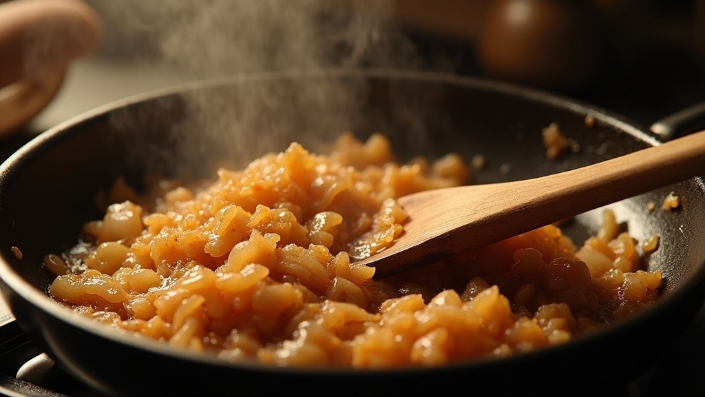 Caramelized onions cooking in skillet demonstrating what is a good vegan onion dip recipe foundation for sweet deep flavor