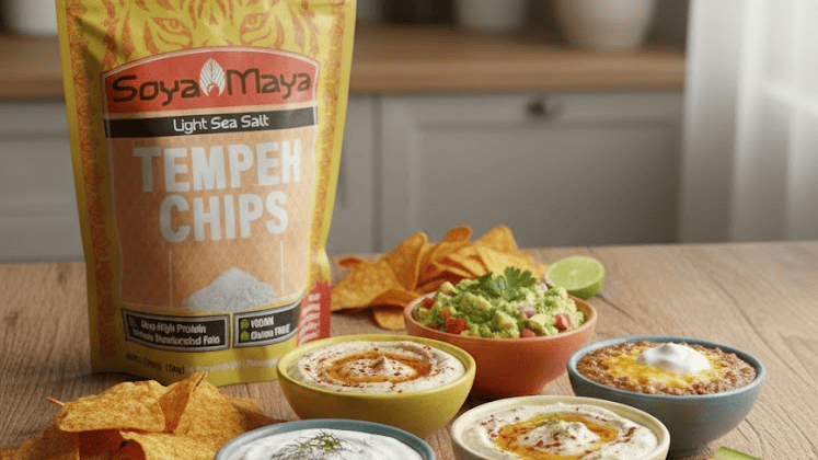 Organic Soya Maya Tempeh Chips, vegan snack, light sea salt flavor, healthy plant-based protein.