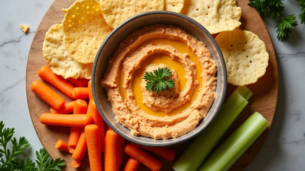 Bowl of creamy vegan onion dip with vegetables and chips showing what is a good vegan onion dip recipe finished result