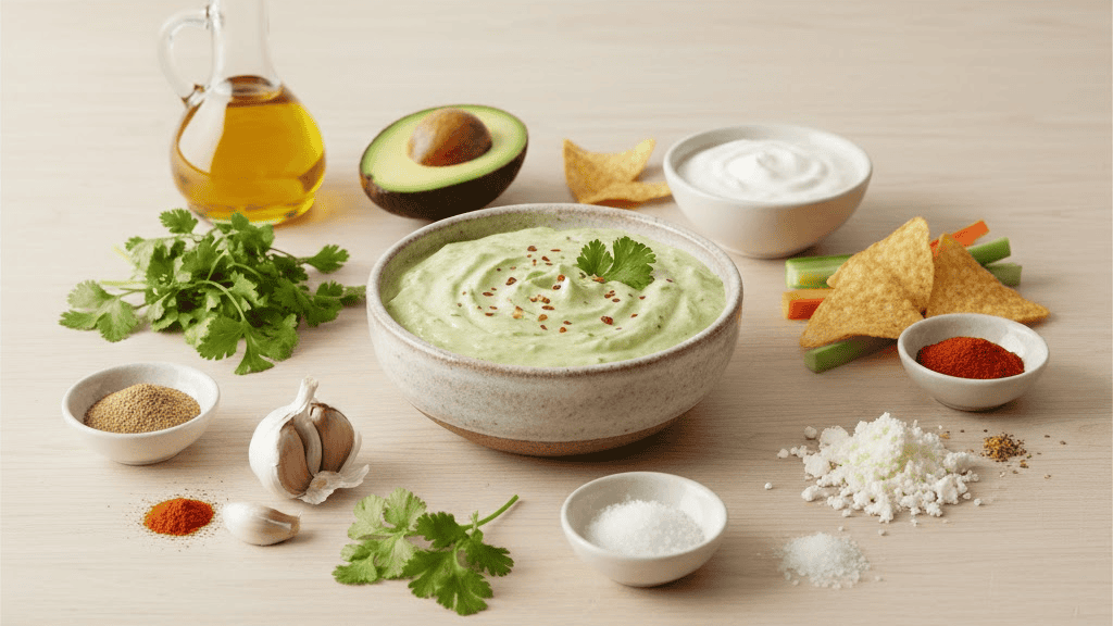 Creamy avocado dip with herbs and spices, served with fresh vegetables and tortilla chips for snacking.