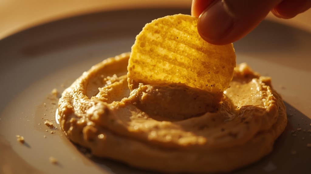 Sea salt chip being dipped in hummus showing which dips pair with sea salt flavor with thick creamy texture combination