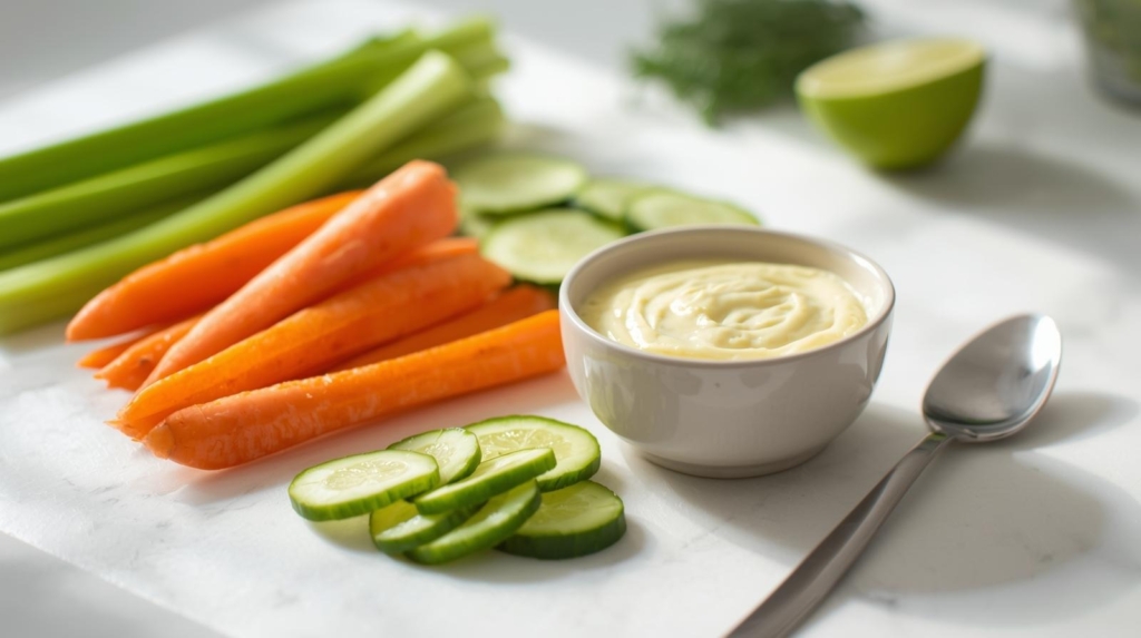 Fresh vegetable sticks with SoyaMaya dipping sauce, perfect for healthy snacking and plant-based meals.