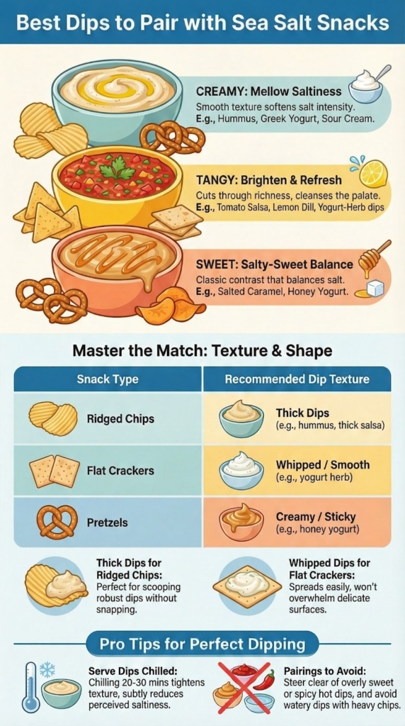 Infographic showing which dips pair with sea salt flavor including creamy, tangy, and sweet options with texture matching guide
