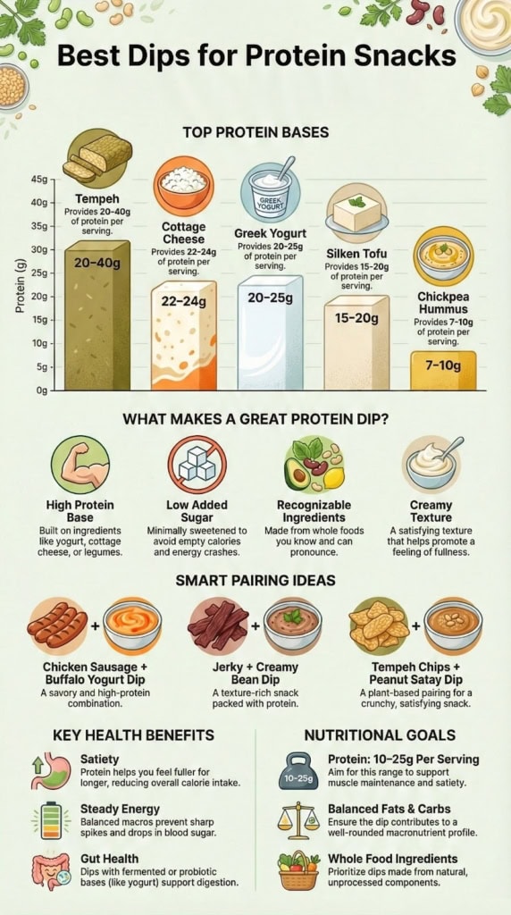 Infographic showing what kind of dip for a protein snack including Greek yogurt hummus and cottage cheese options