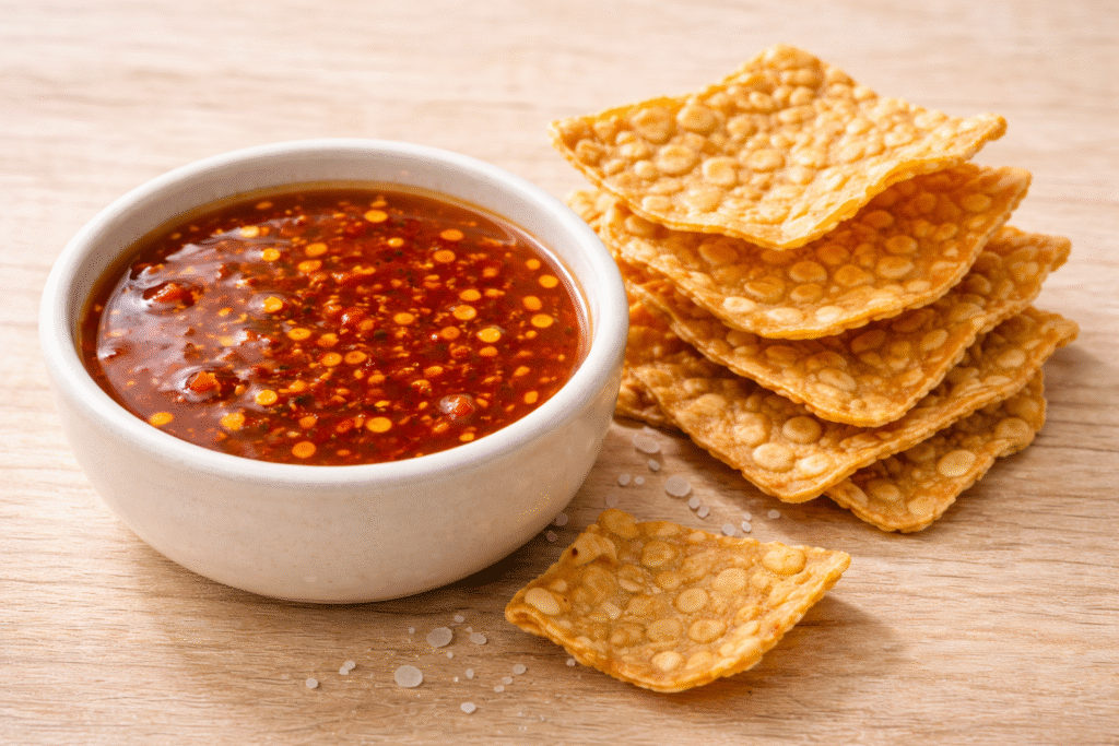 Spicy chili sauce with crispy rice crackers on a wooden surface, Filipino Soya Maya snack flavor.