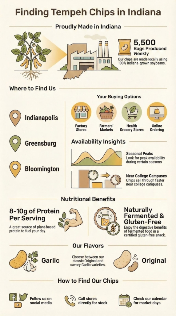 Infographic guide for finding tempeh chips in indiana with locations, buying options, nutritional benefits, and flavor varieties