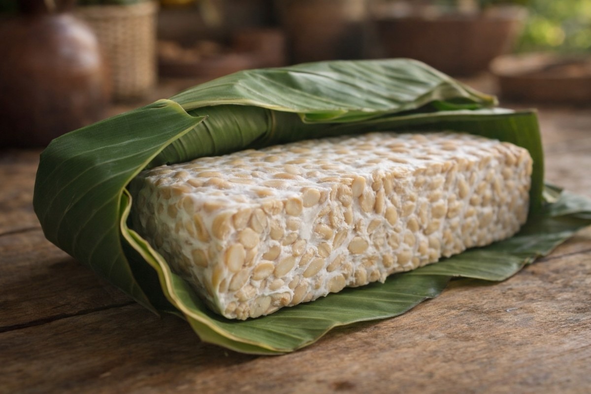 Finding authentic Indonesian tempeh wrapped in banana leaves on a wooden table, showing traditional fresh soy texture.