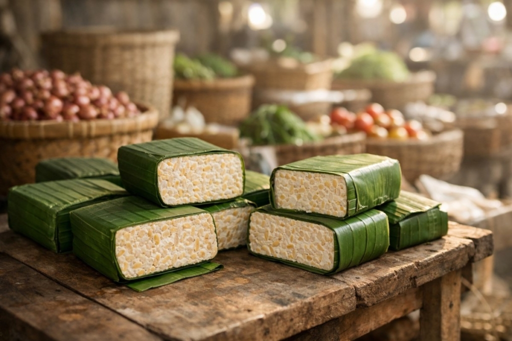 Finding authentic indonesian tempeh displayed at a traditional wet market, banana leaf wrapped blocks on a wooden stall.