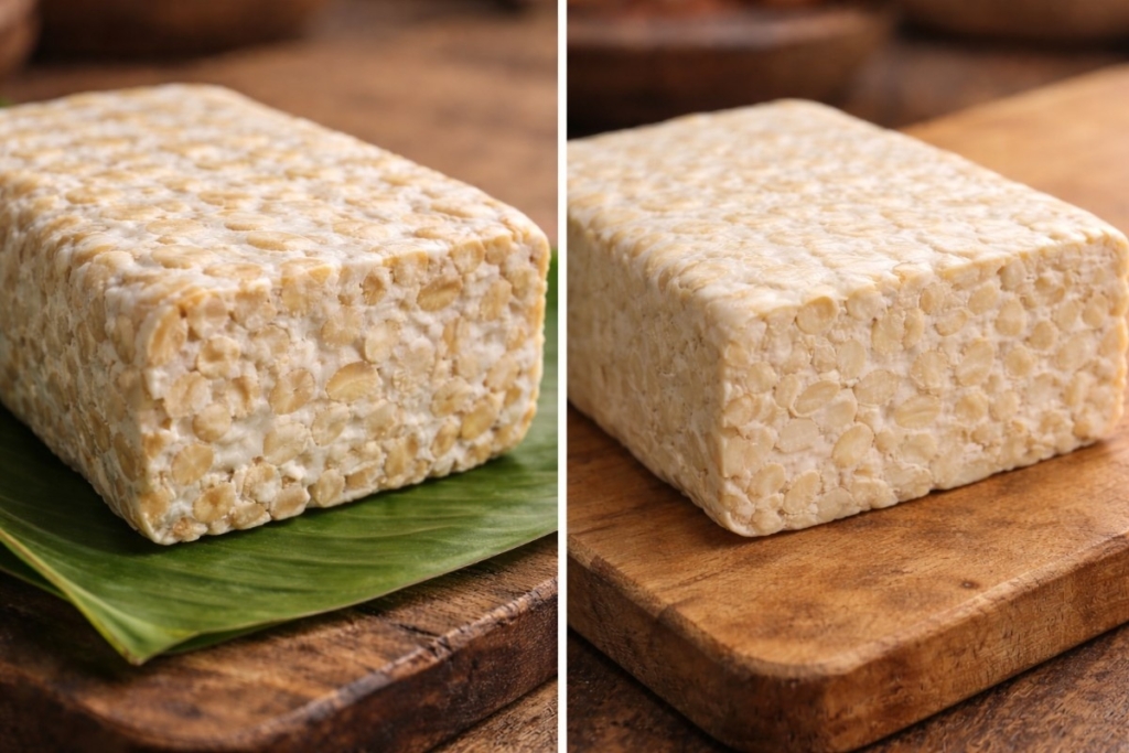 Finding authentic indonesian tempeh shown in a side by side comparison of fresh banana leaf wrapped tempeh and plain block.