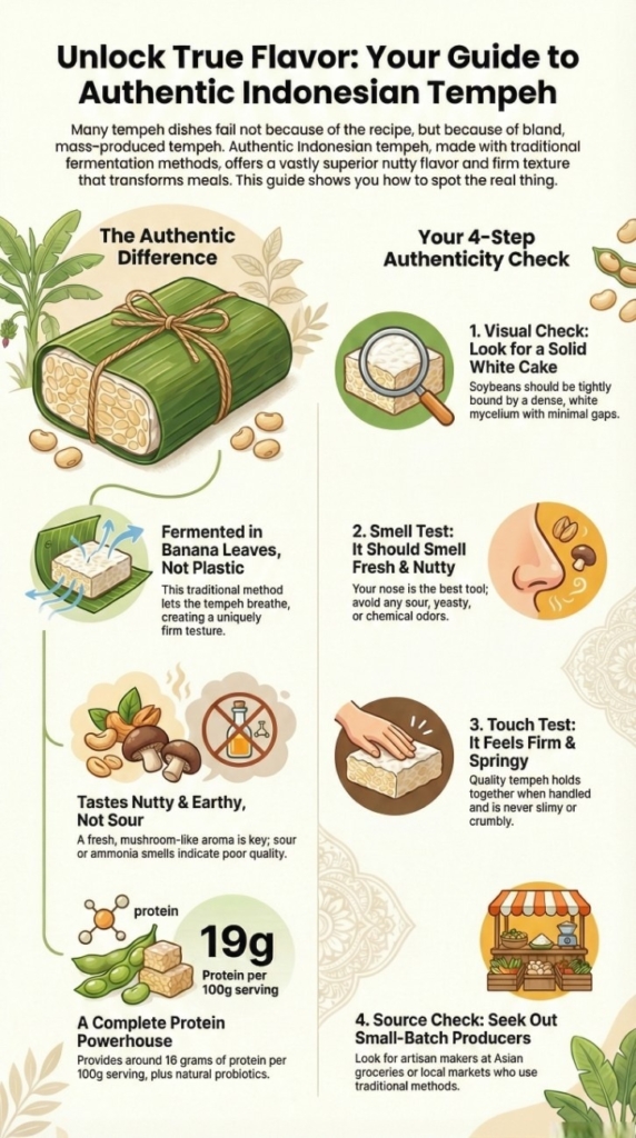 Finding authentic Indonesian tempeh illustrated with banana leaf wrapped tempeh and traditional cues in a clean infographic style.