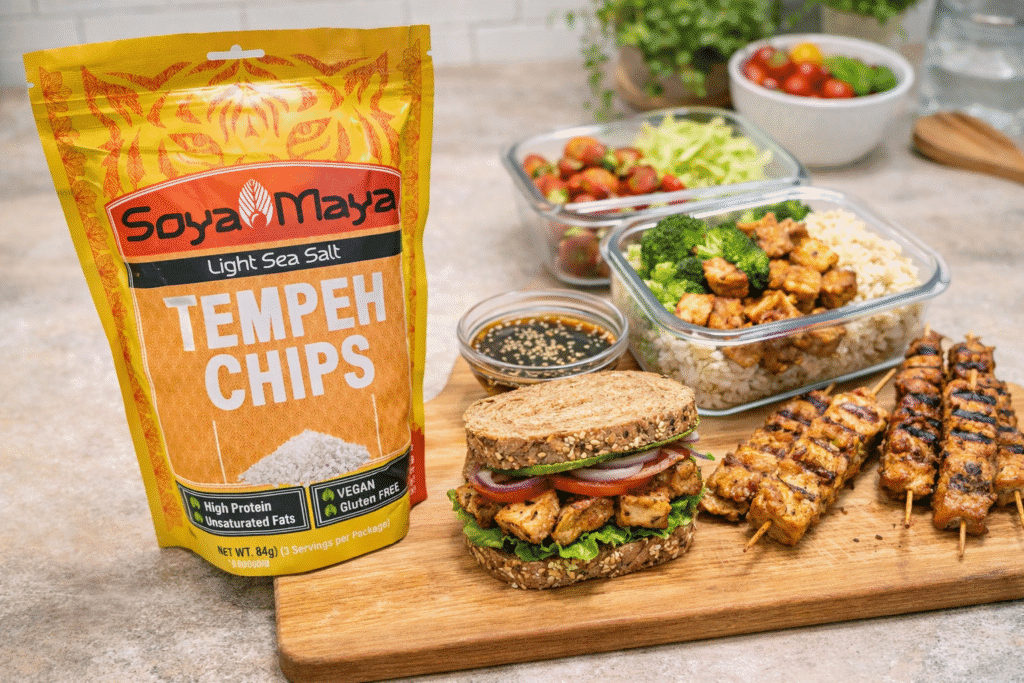 Fresh Tempeh meal prep scene with tempeh dishes, grilled skewers, grain bowls, sandwich, and packaged tempeh chips on a kitchen counter.