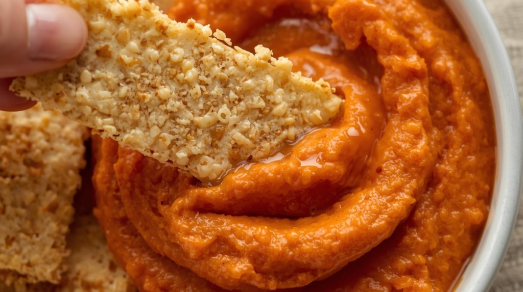 Close-up of tempeh chip being dipped in creamy orange dip demonstrating Pairing Dips with Tempeh Chips flavor combination
