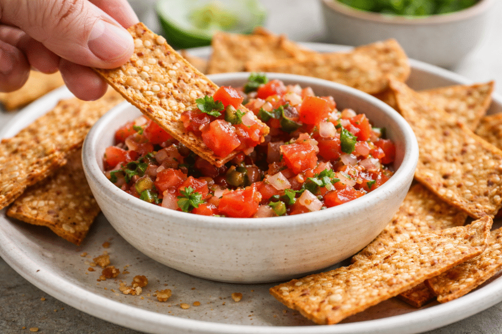 Crunchy soy and sesame seed snack with fresh pico de gallo dip, healthy vegan appetizer, gluten-free, nutritious snack option for parties.